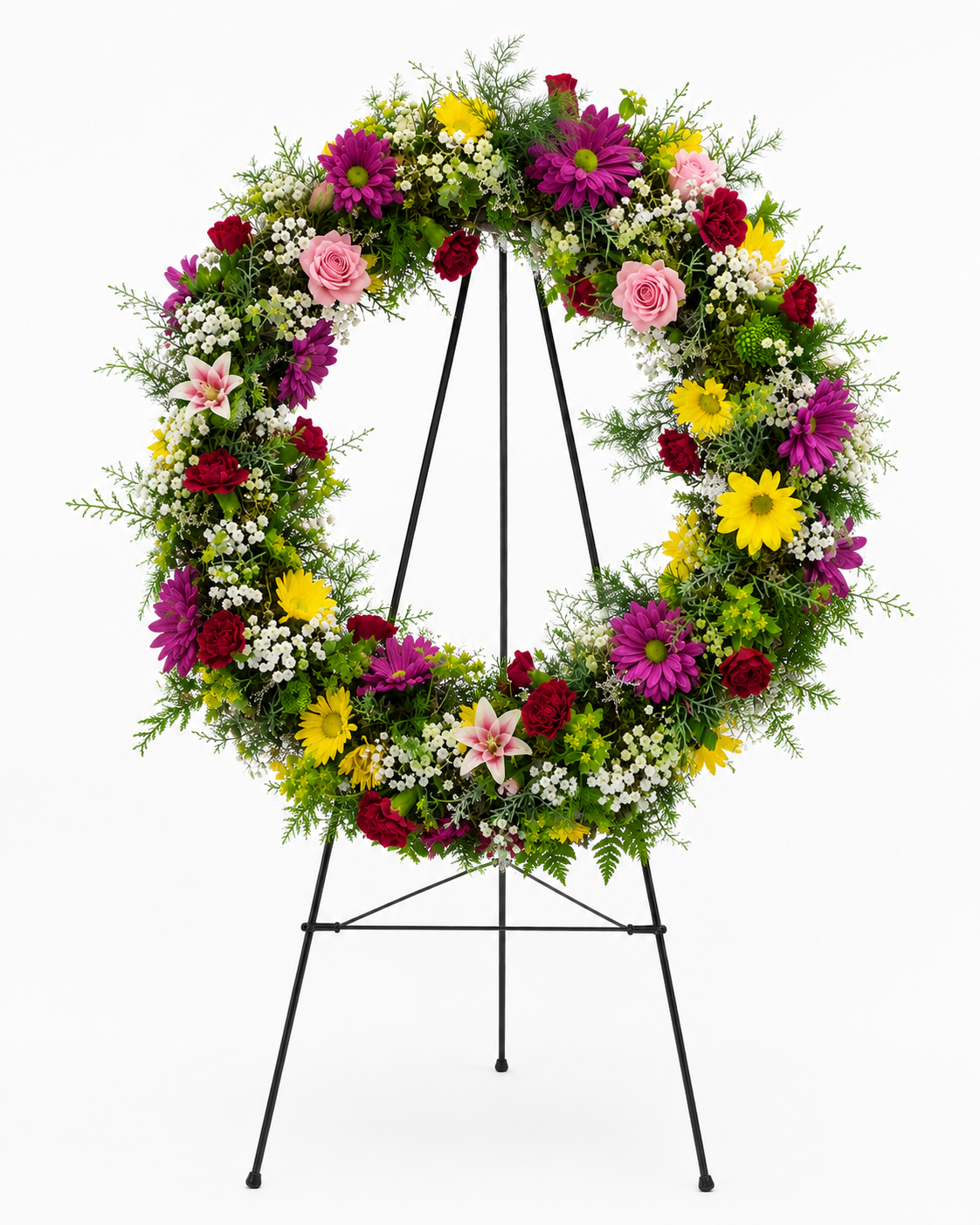 Colorful Celebration of Life funeral wreath with fresh flowers and greenery