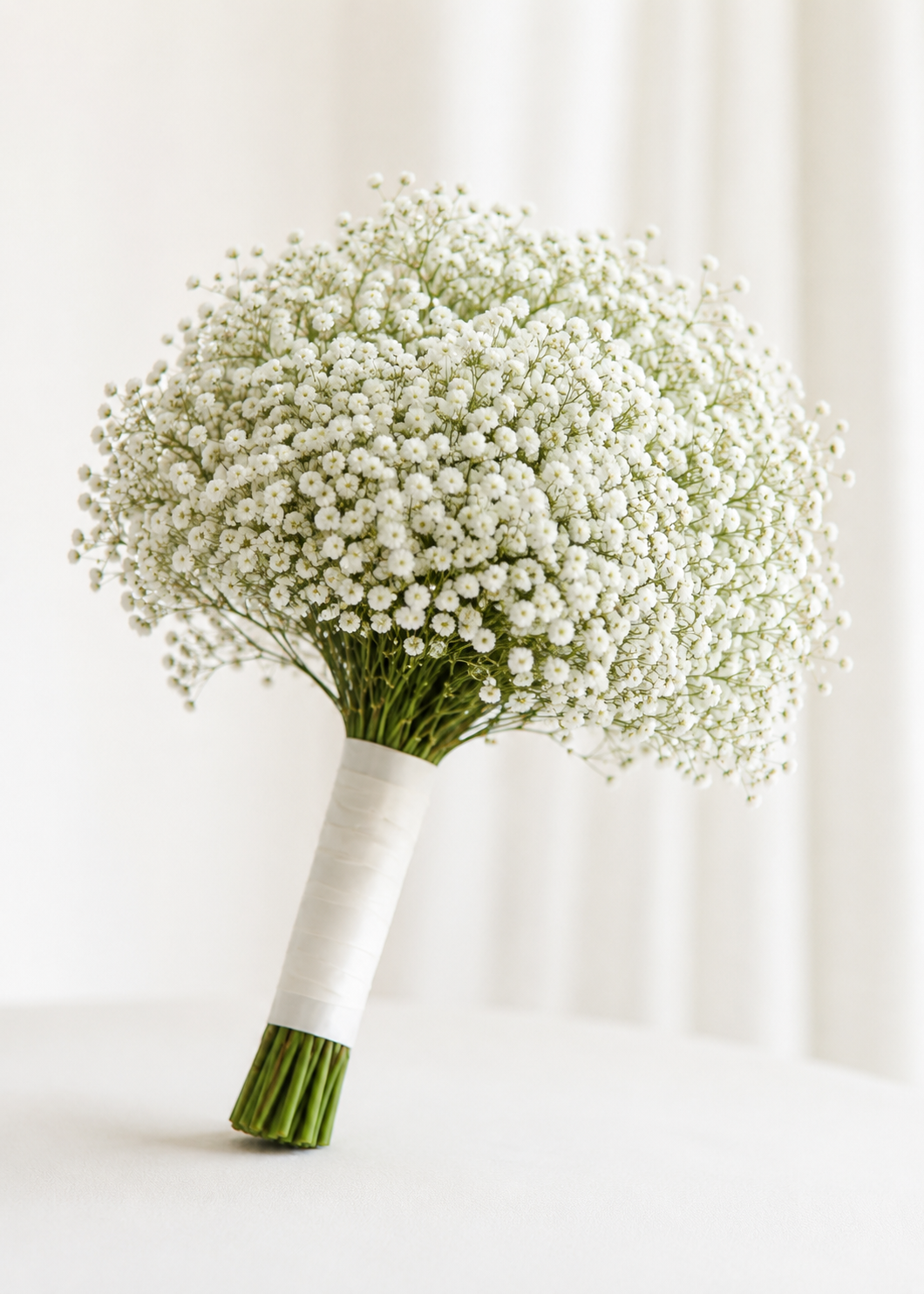 White baby's breath bridal bouquet with a soft round design for weddings