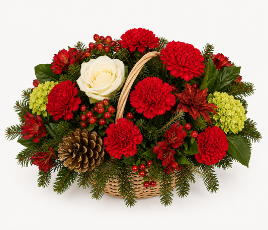 Christmas at Home red and green Christmas floral arrangement