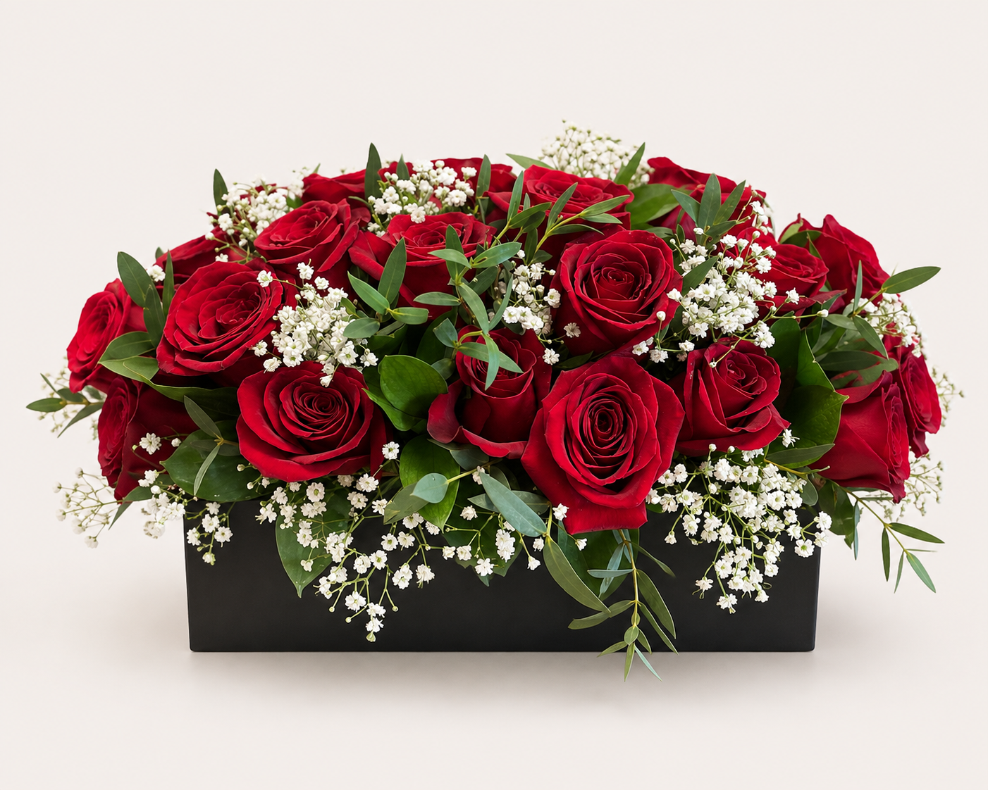 Endless Devotion romantic red rose arrangement with white accents and greenery