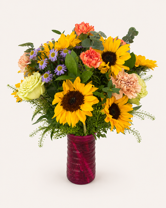 Golden Daydream sunflower arrangement with colorful seasonal flowers