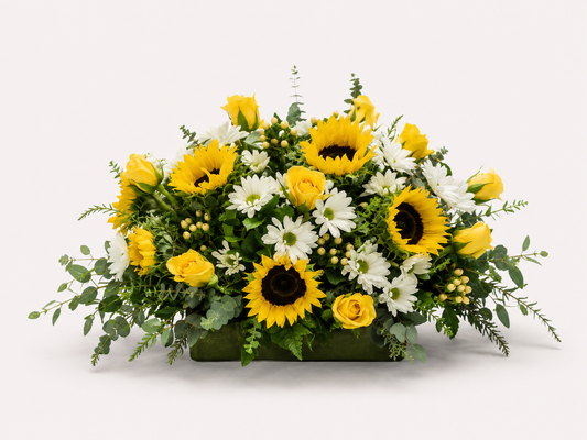 Golden Sunshine yellow and white floral arrangement with sunflowers
