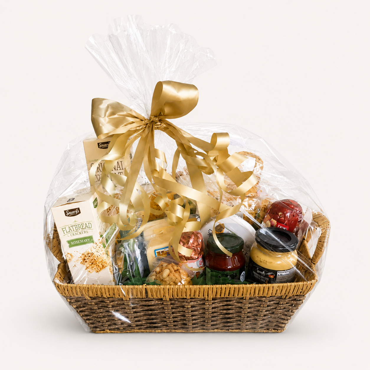 Gourmet Indulgence gift basket with cheeses, crackers, nuts and specialty treats