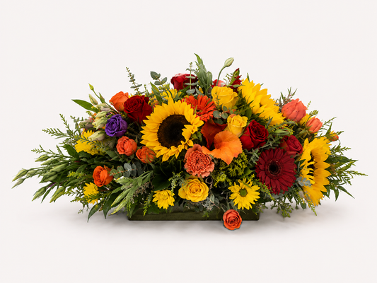 Harvest Glow colorful fall floral arrangement with warm autumn colors