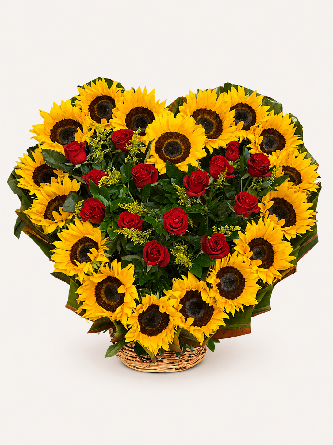 Heart of Sunshine heart shaped sunflower and red rose arrangement