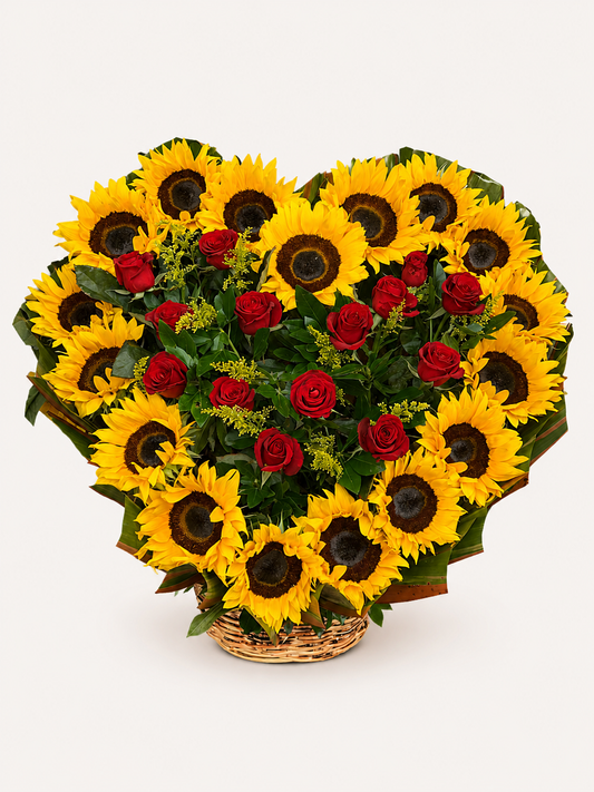 Heart of Sunshine heart shaped sunflower and red rose arrangement