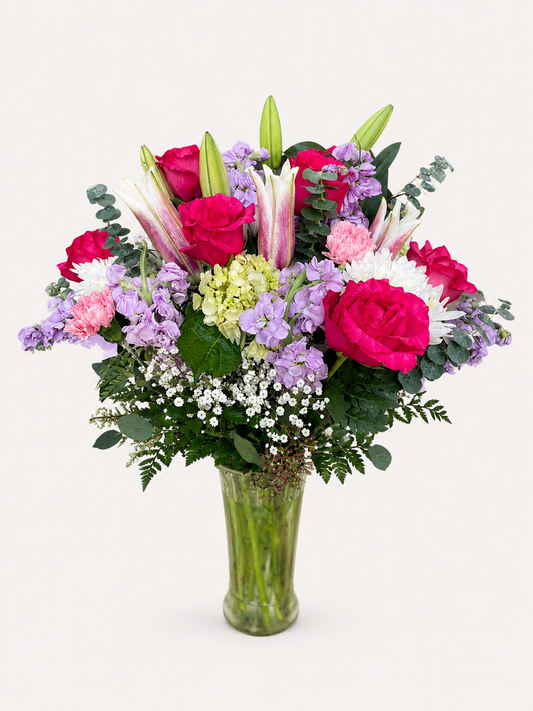 Lavender Blush pink rose, lily and hydrangea mixed flower arrangement