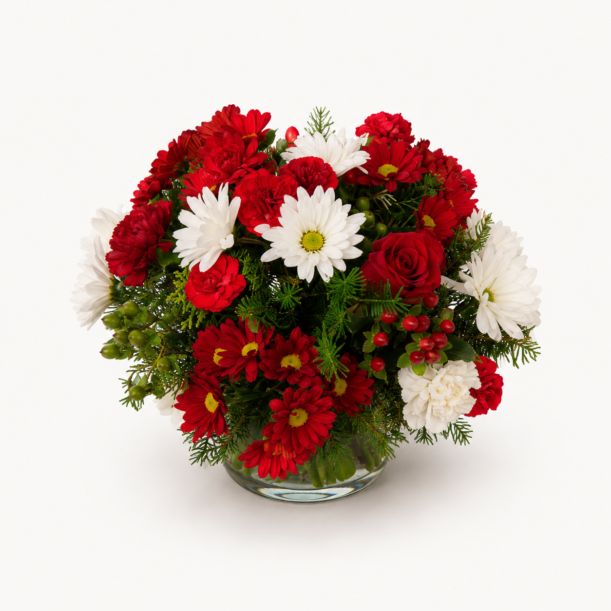Merry & Bright Blooms red and white Christmas flower arrangement