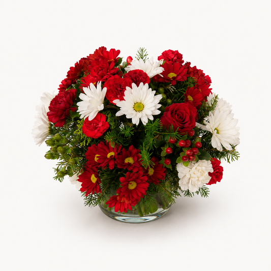 Merry & Bright Blooms red and white Christmas flower arrangement